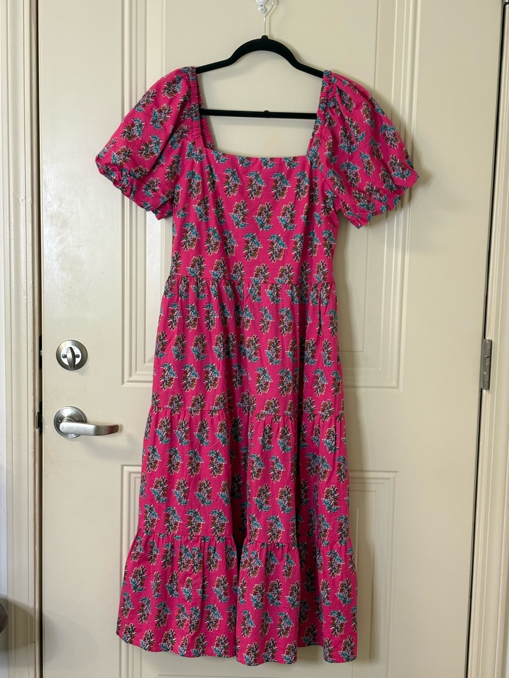 J. CREW Floral Puff-Sleeve Midi Dress in Fuchsia Pink SZ 8 EUC